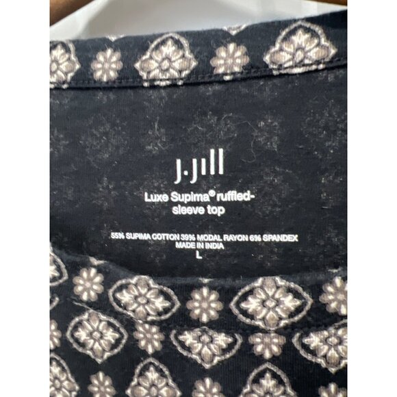 J Jill Supima Top Large Black Floral Ruffle Sleeve Bohemian Chic Summer Blouse - Picture 4 of 9